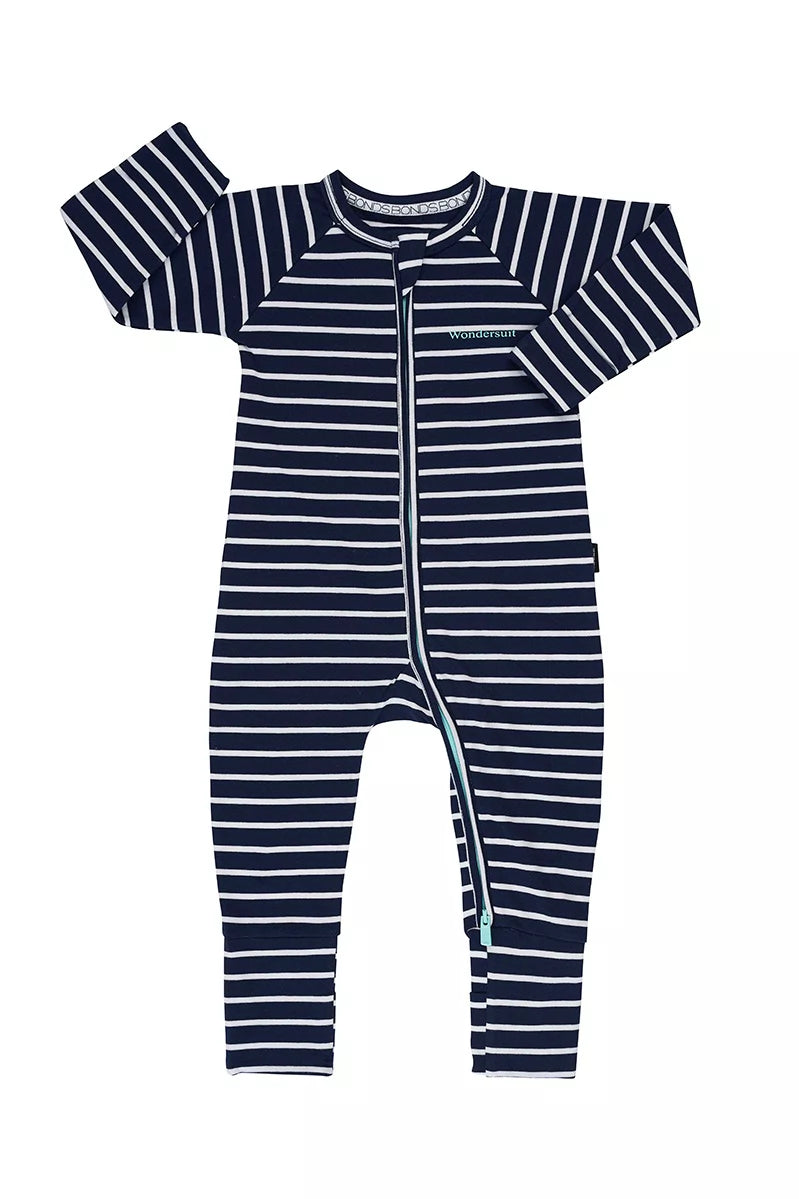 Bonds Zip Wondersuit baby sleepsuit in Black Sea blue and white stripe. Front view.