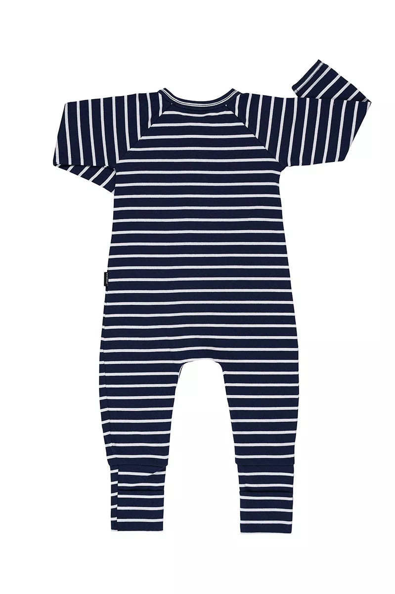 Bonds Zip Wondersuit baby sleepsuit in Black Sea blue and white stripe. Back view.