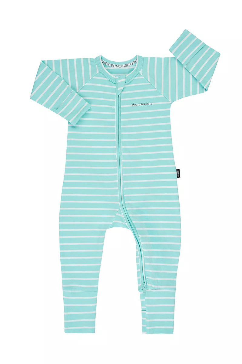 Bonds Zip Wondersuit baby sleepsuit in Jasmint teal and white stripe. Front view.