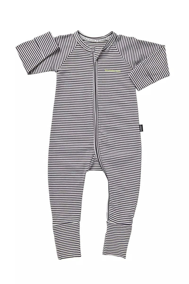 Bonds Zip Wondersuit baby sleepsuit in Absolute Steel black and white stripe. Front view.