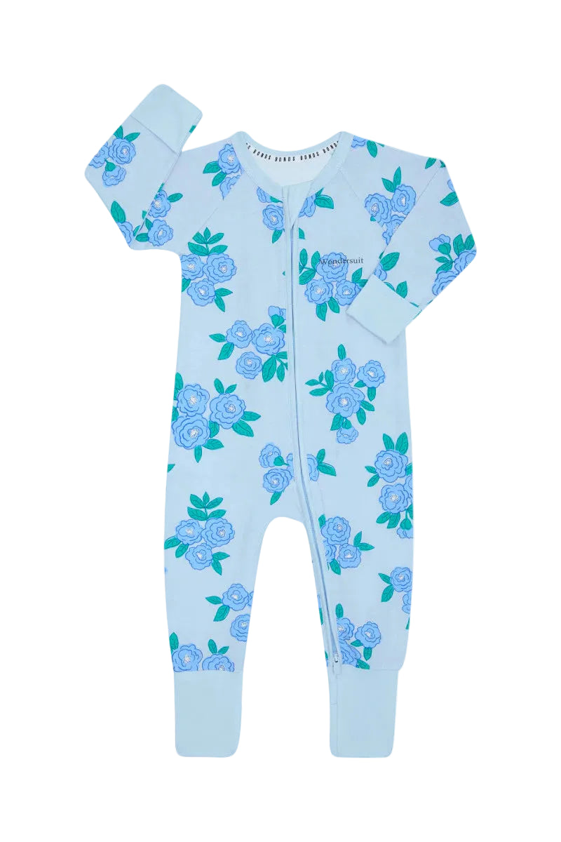 Bonds Zip Wondersuit baby sleepsuit in Blossom Breeze blue floral print. Front view.