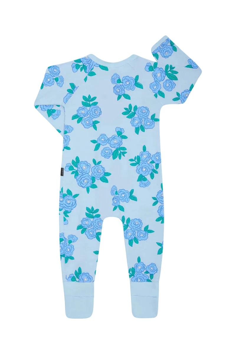 Bonds Zip Wondersuit baby sleepsuit in Blossom Breeze blue floral print. Back view.