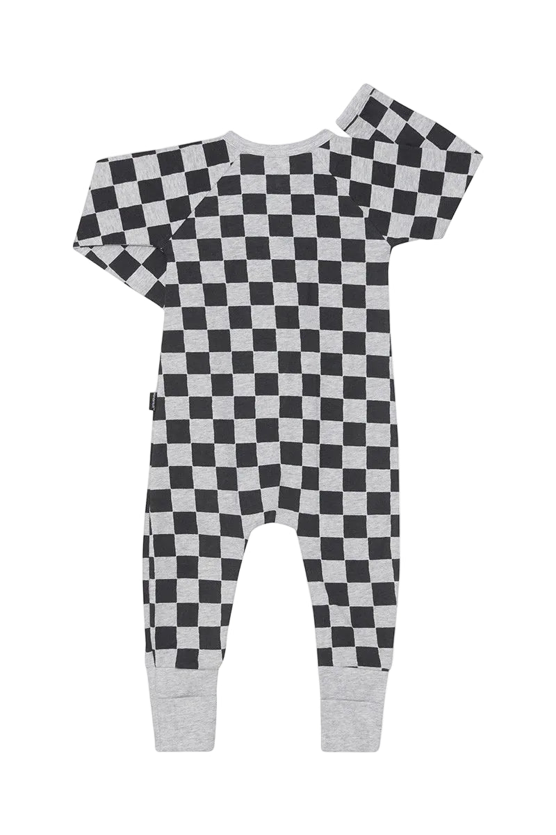 Bonds Zip Wondersuit baby sleepsuit in Check It Out black and grey check print. Back view.