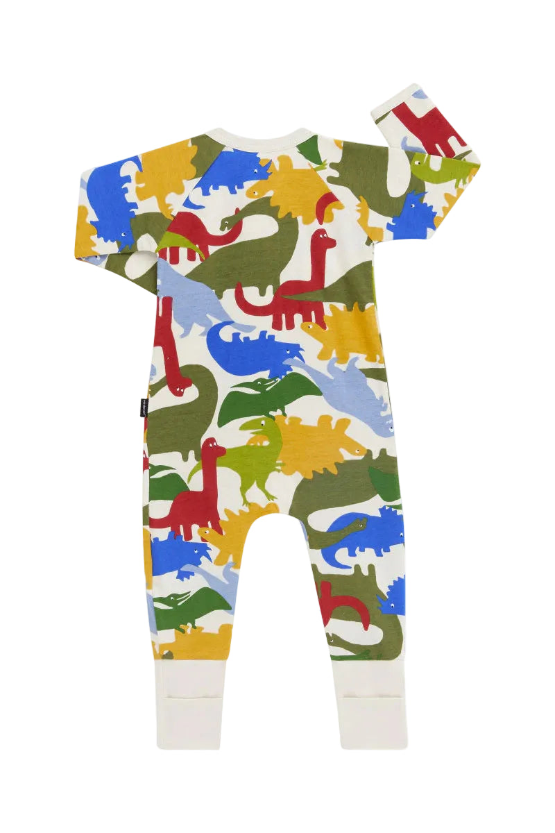 Bonds Zip Wondersuit baby sleepsuit in Dino Dance Party white dinosaur print. Back view.