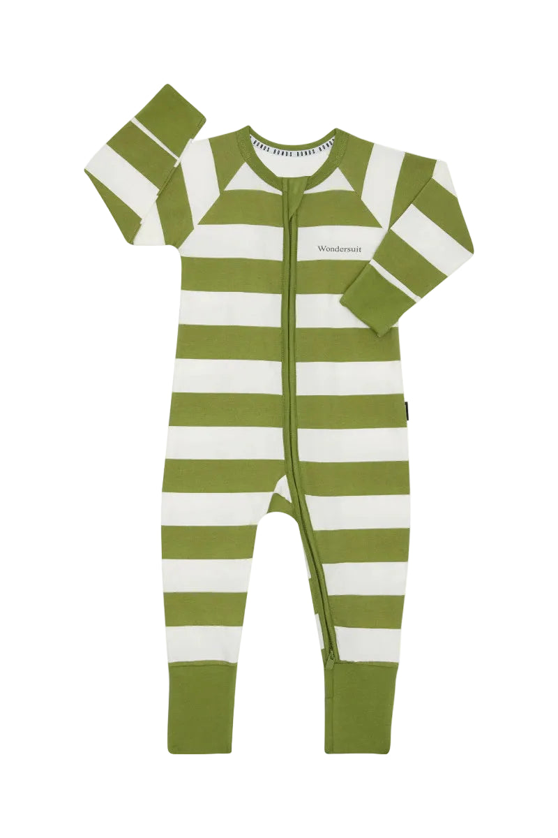 Bonds Zip Wondersuit baby sleepsuit in Ruby Jungle Stripe green and white print. Front view.
