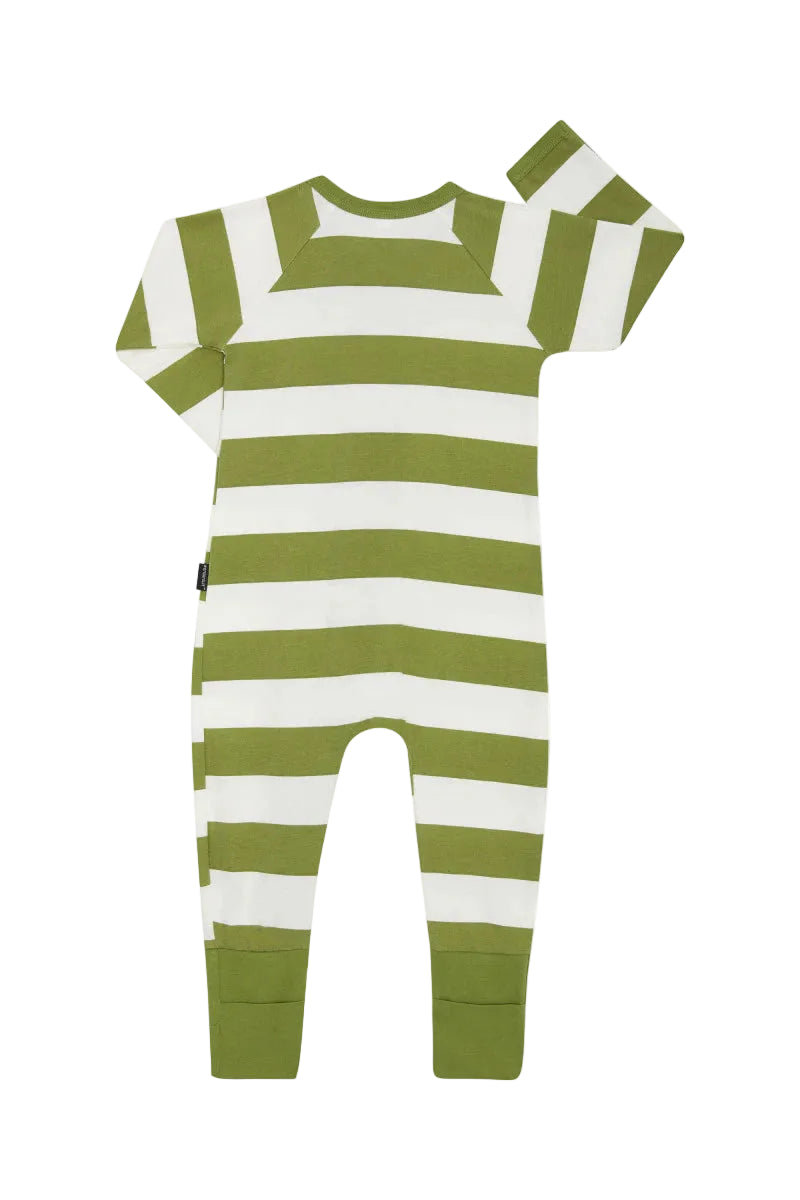 Bonds Zip Wondersuit baby sleepsuit in Ruby Jungle Stripe green and white print. Back view.