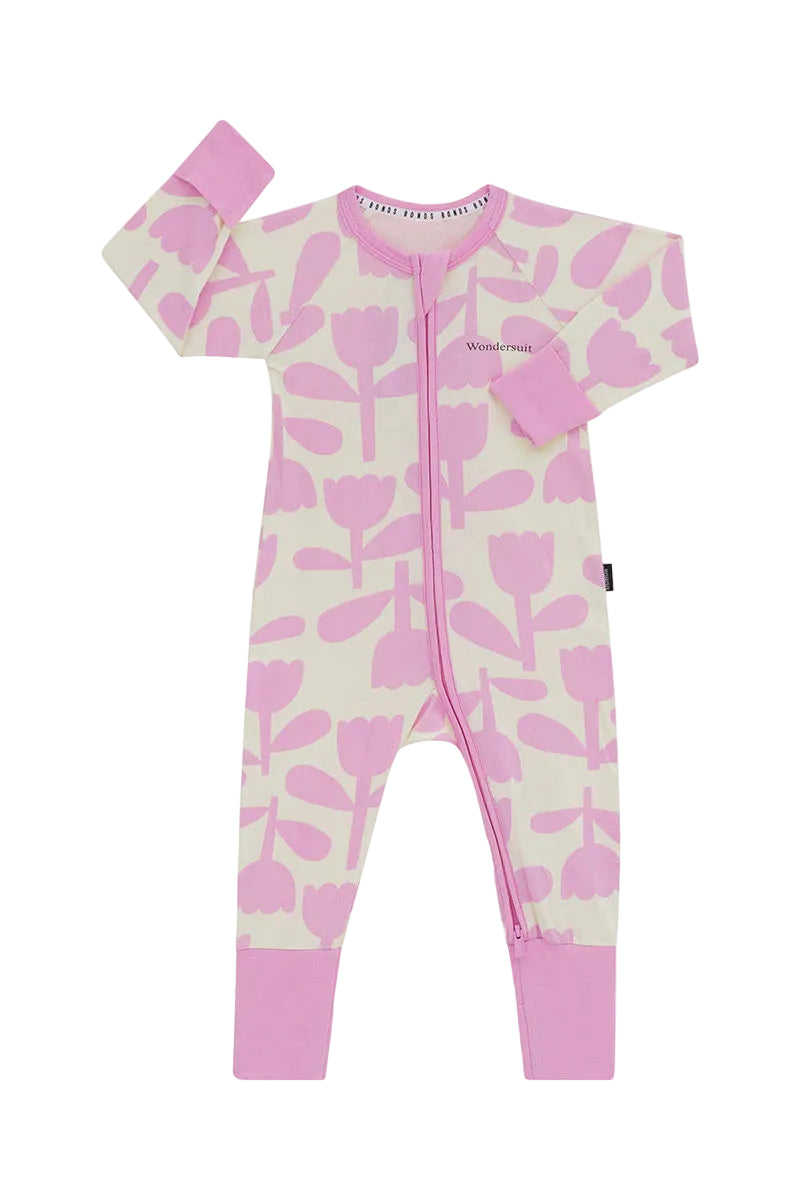 Bonds Zip Wondersuit baby sleepsuit in Tulip Pop pink floral print. Front view.