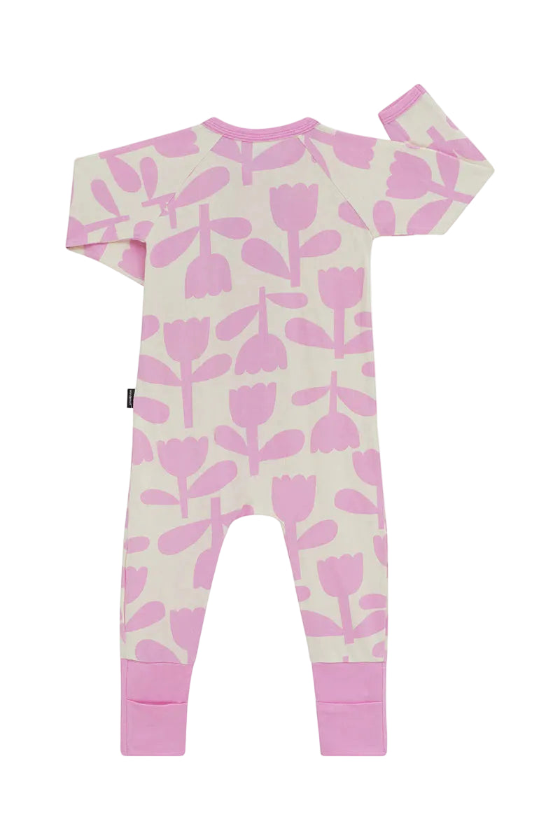 Bonds Zip Wondersuit baby sleepsuit in Tulip Pop pink floral print. Back view.