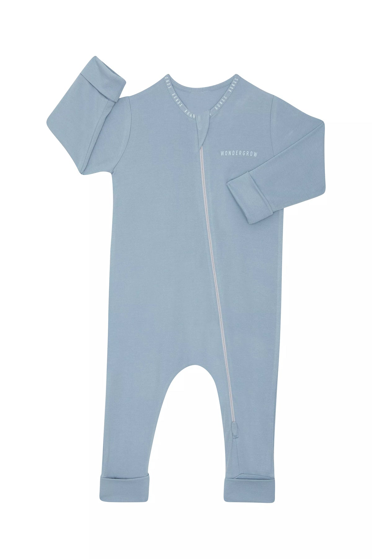 Bonds WonderGrow Zip Wondersuit bamboo baby sleepsuit in Solstice blue. Front view.
