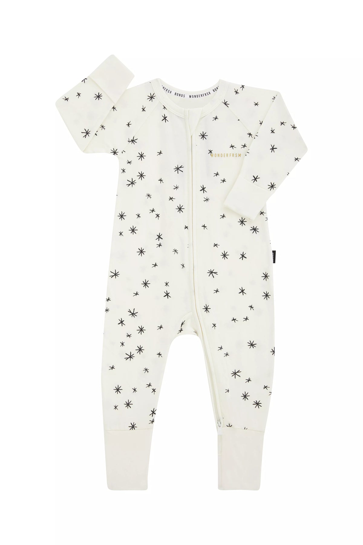 Bonds WonderFresh Zip Wondersuit baby sleepsuit in Crayon Star cream print. Front view.
