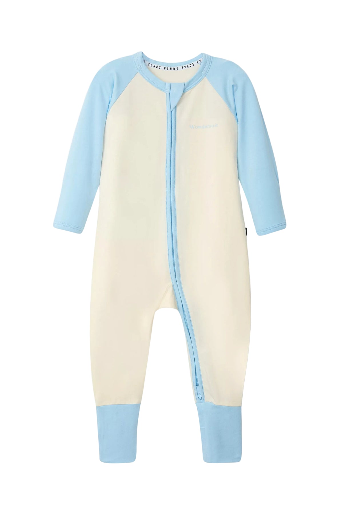 Bonds Everyday Value Zip Wondersuit baby sleepsuit in Levitating Airborne blue and cream. Front view.