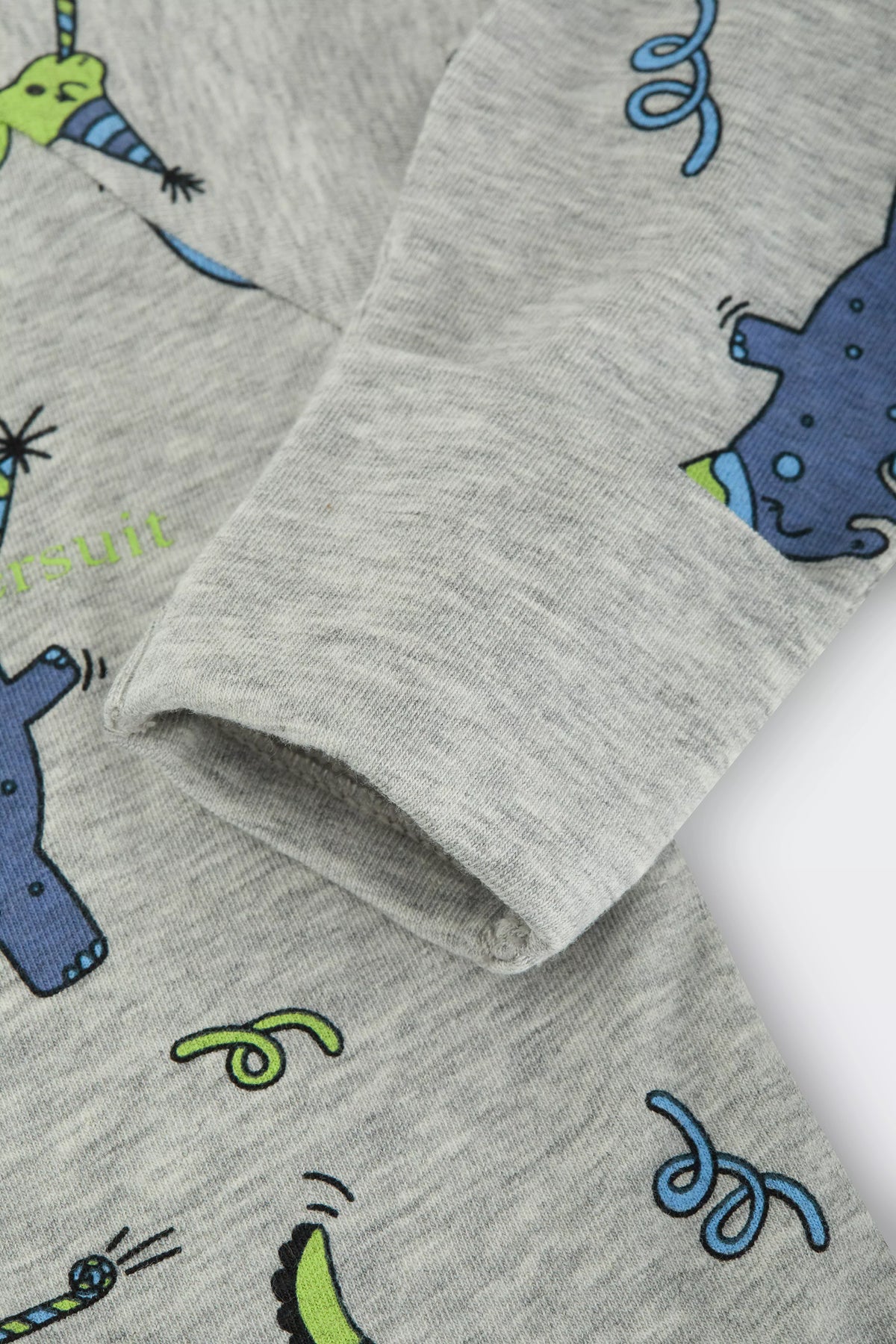 Bonds Zip Wondersuit baby sleepsuit in Dancing Dinos grey dinosaur print. Close up hand cuff.