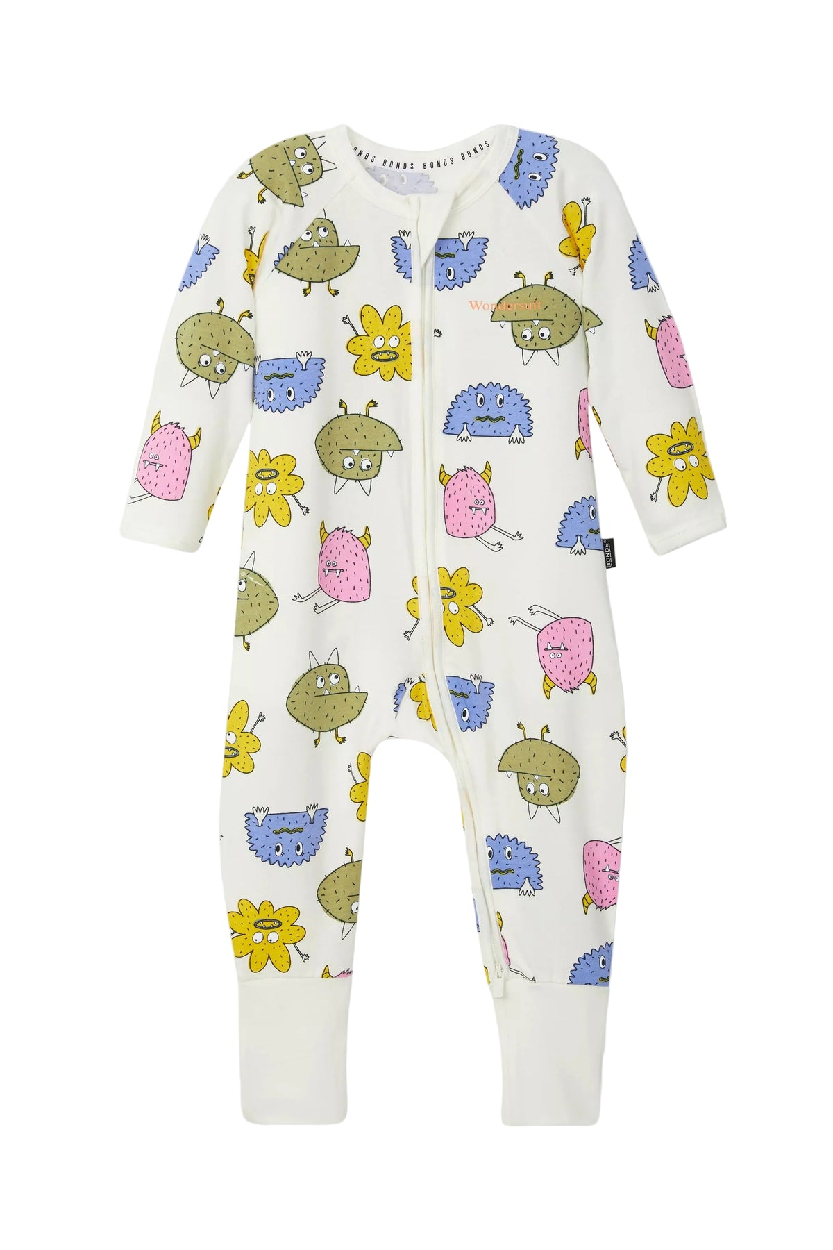 Bonds Zip Wondersuit baby sleepsuit in Boo Buddy white colourful monster print. Front view.