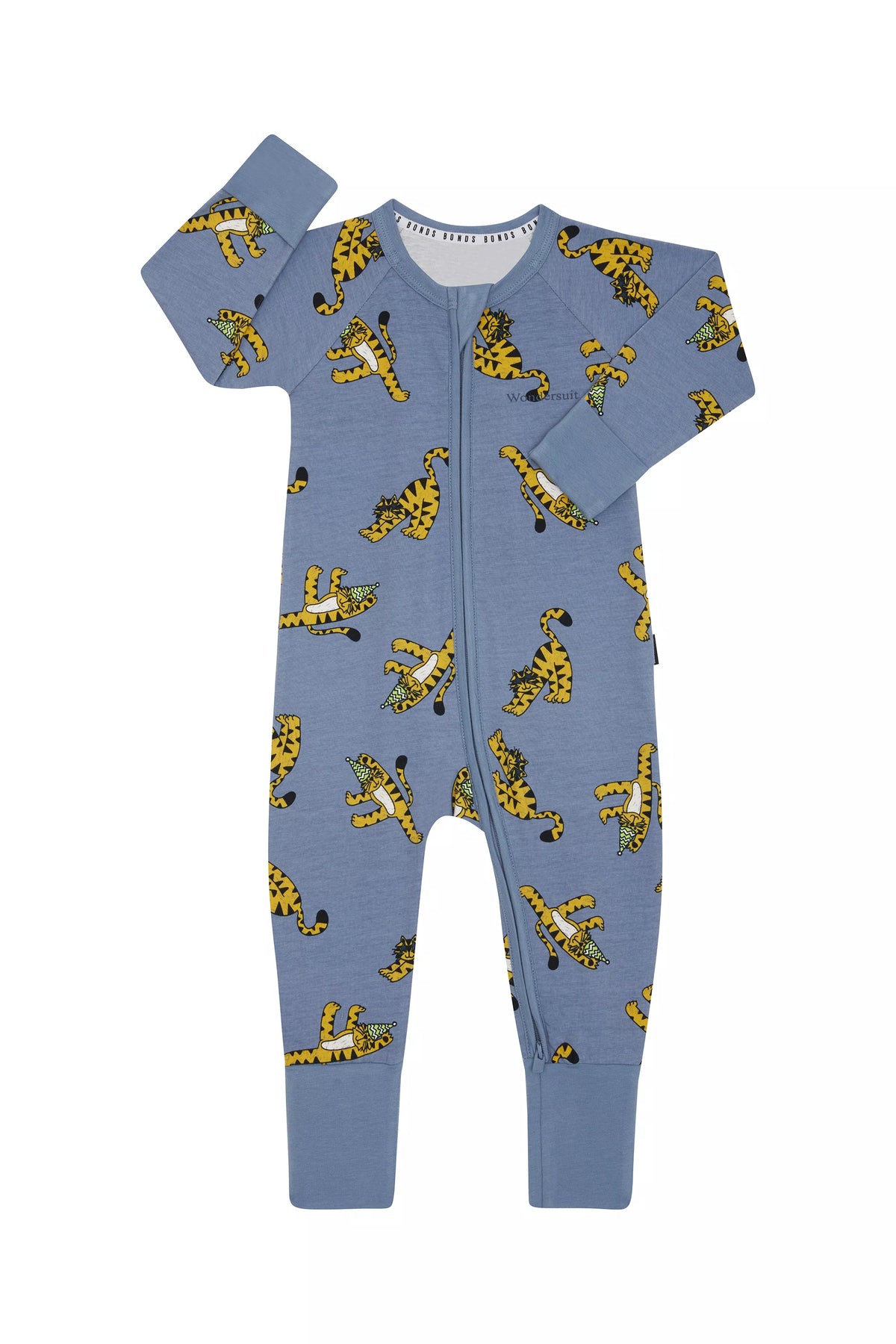 Bonds Zip Wondersuit baby sleepsuit in Tiger Dance Party blue animal print. Front view.