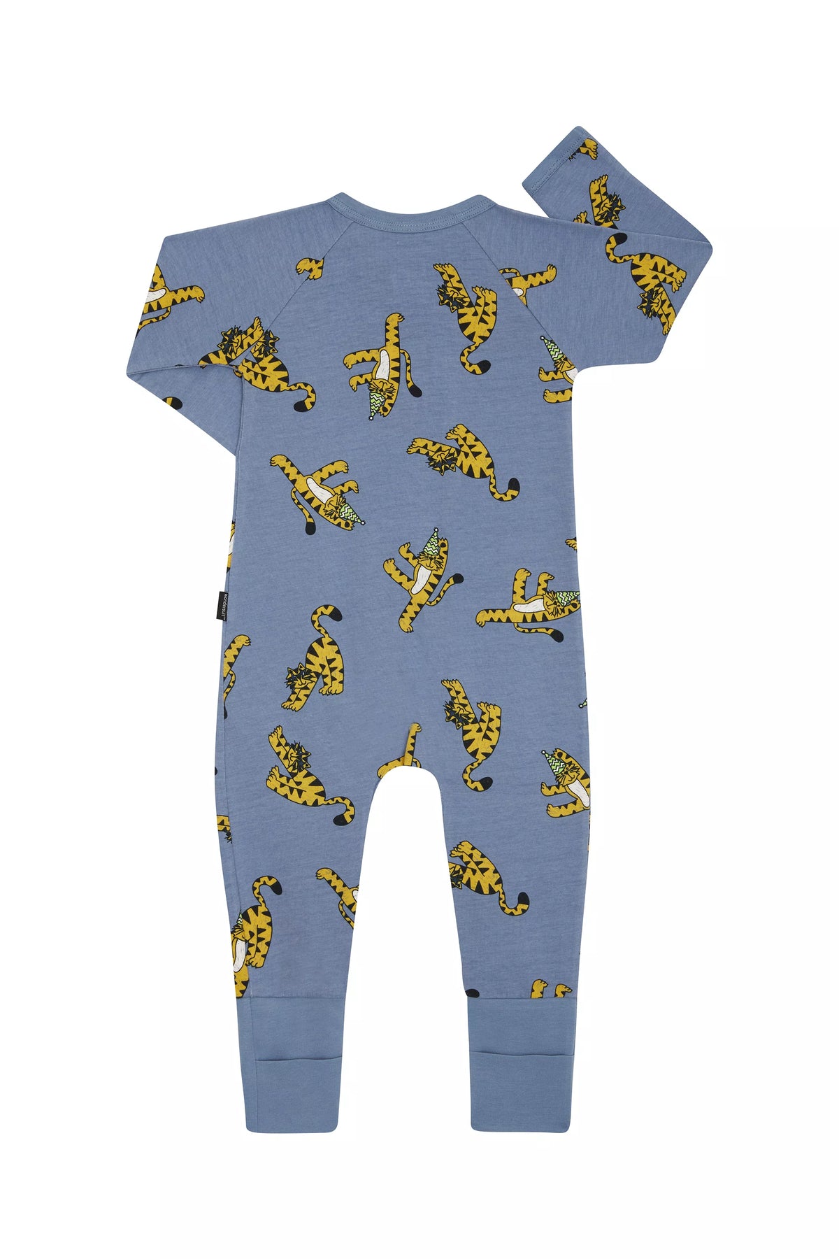 Bonds Zip Wondersuit baby sleepsuit in Tiger Dance Party blue animal print. Back view.