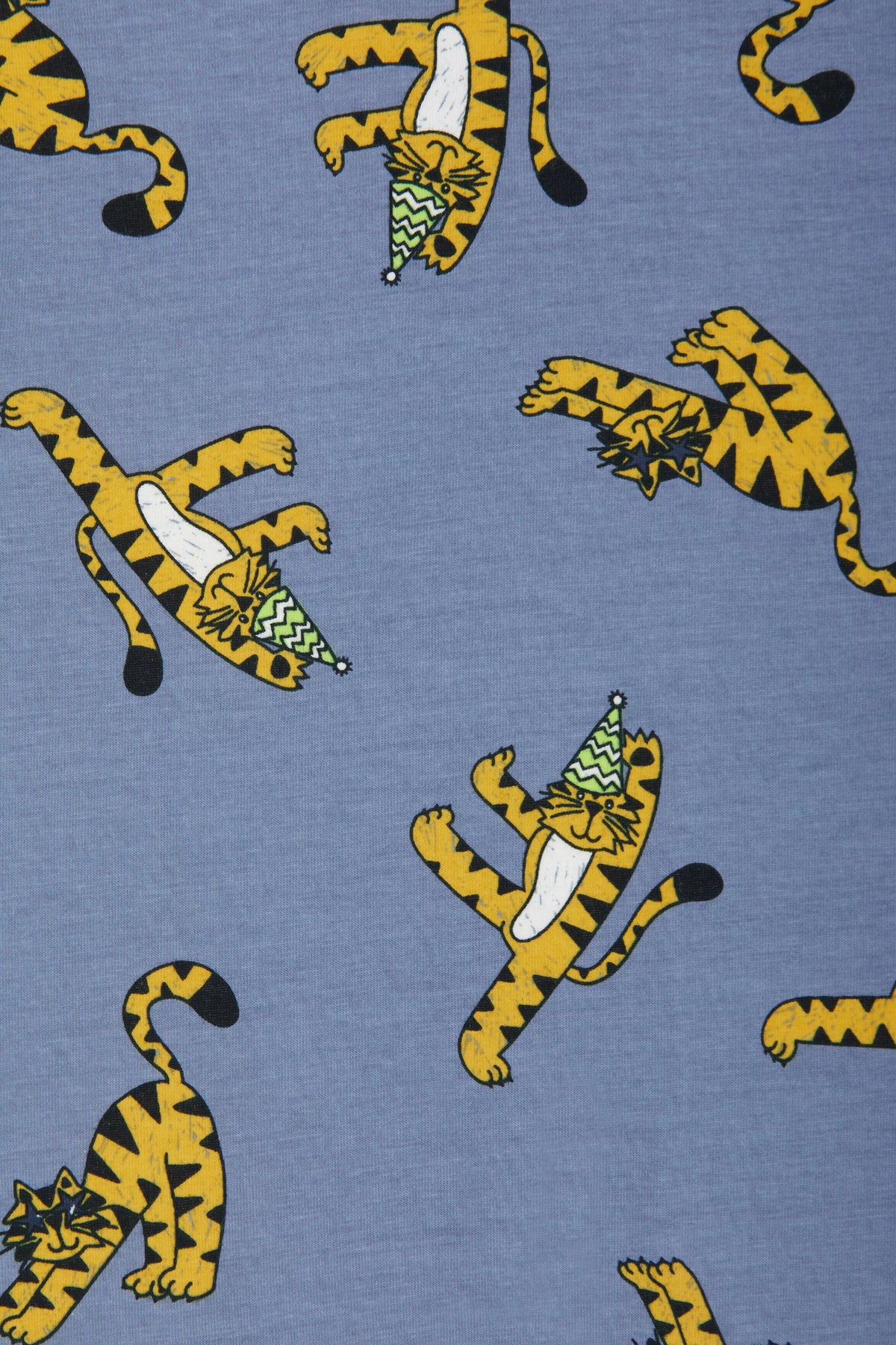 Bonds Zip Wondersuit baby sleepsuit in Tiger Dance Party blue animal print. Close up.