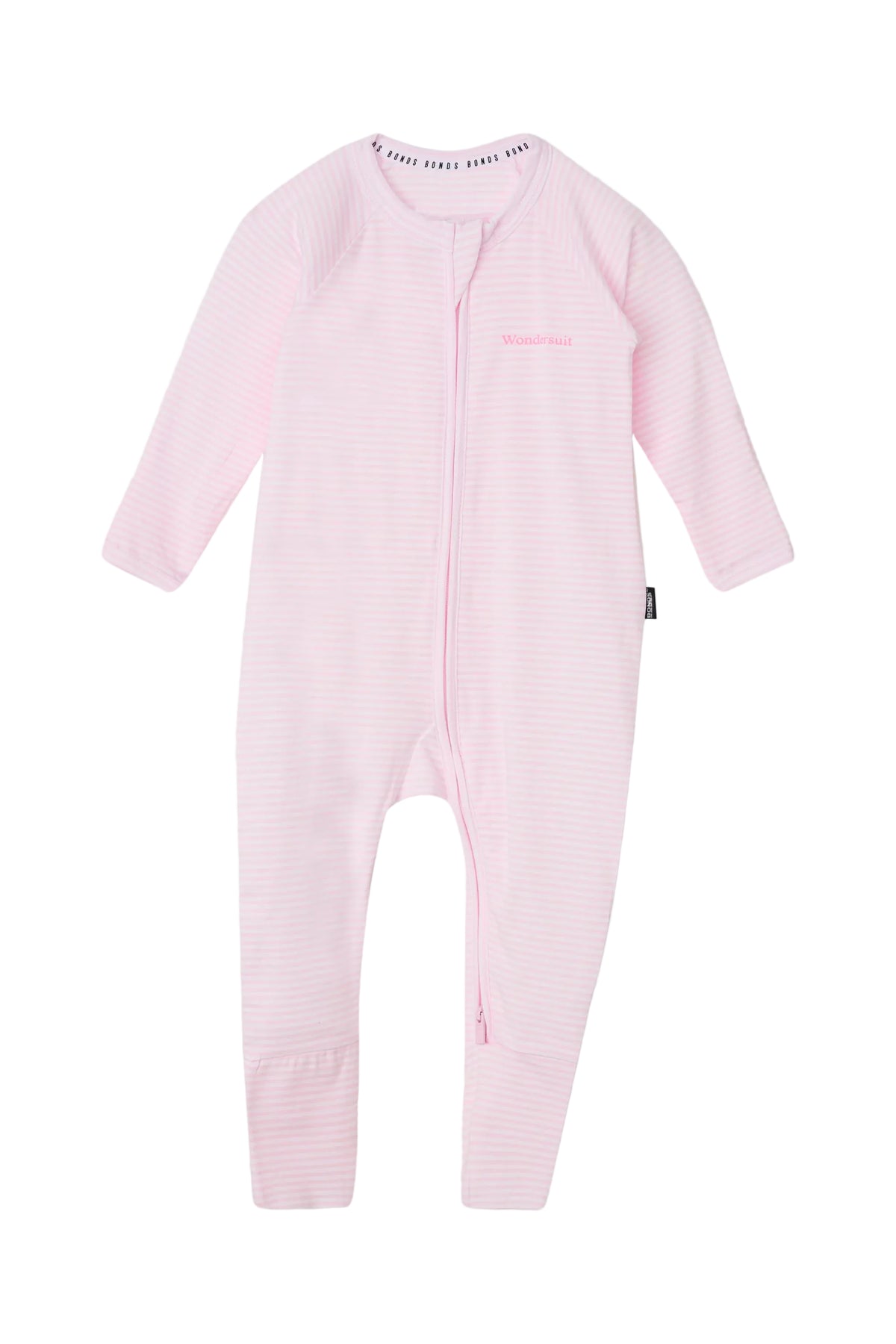 Bonds Zip Wondersuit baby sleepsuit in Ballet Pink and white stripe. Front view.