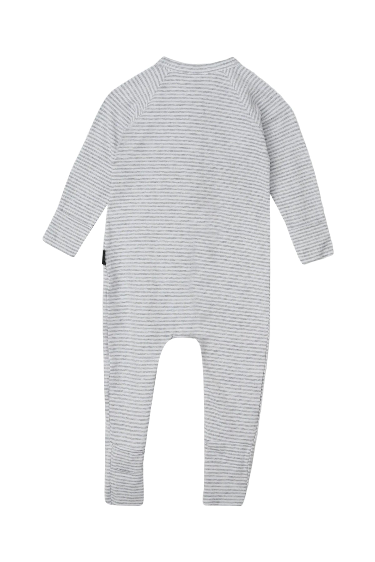 Bonds Zip Wondersuit baby sleepsuit in Luxe Storm Marle grey and white stripe. Back view.