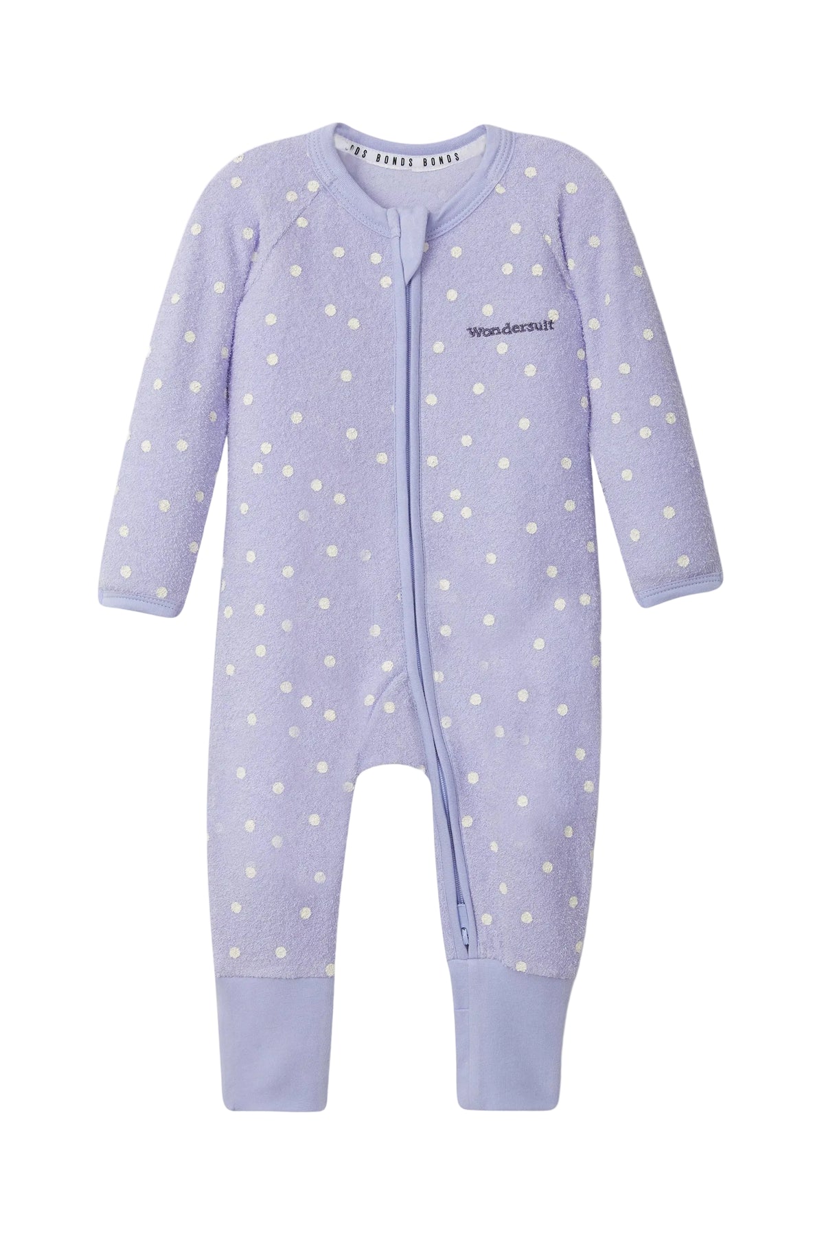 Bonds Poodlette Zip Wondersuit baby sleepsuit in Ditsy Dot Purple polka dot print. Front view.