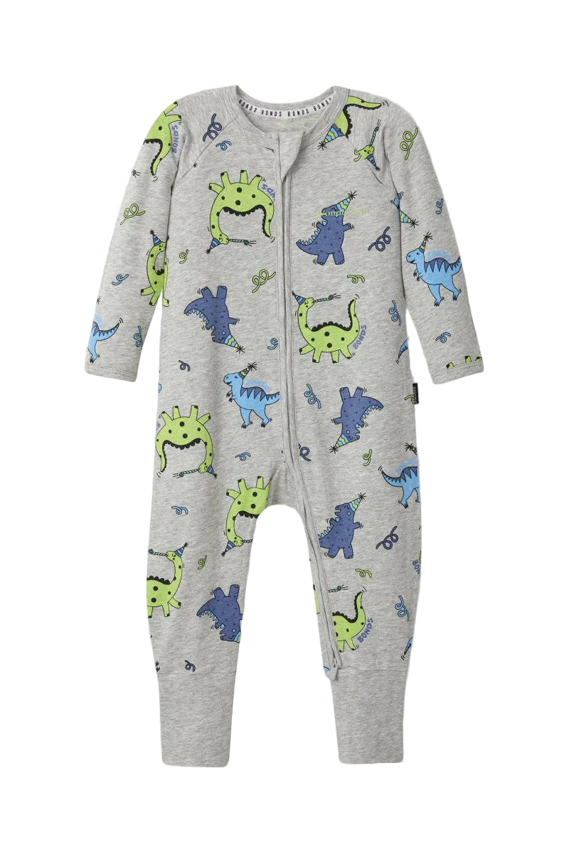 Bonds Zip Wondersuit baby sleepsuit in Dancing Dinos grey dinosaur print. Front view.