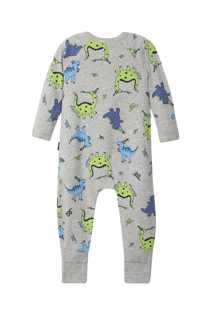 Bonds Zip Wondersuit baby sleepsuit in Dancing Dinos grey dinosaur print. Back view.