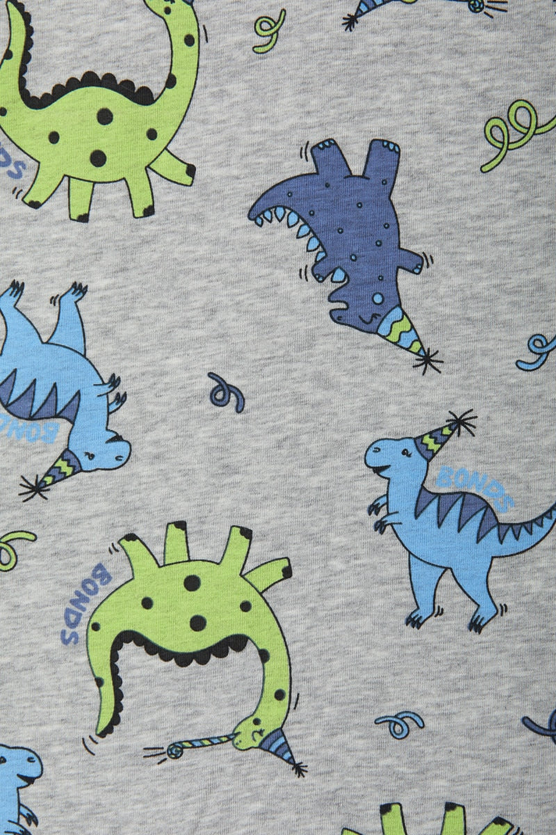 Bonds Zip Wondersuit baby sleepsuit in Dancing Dinos grey dinosaur print. Close up.