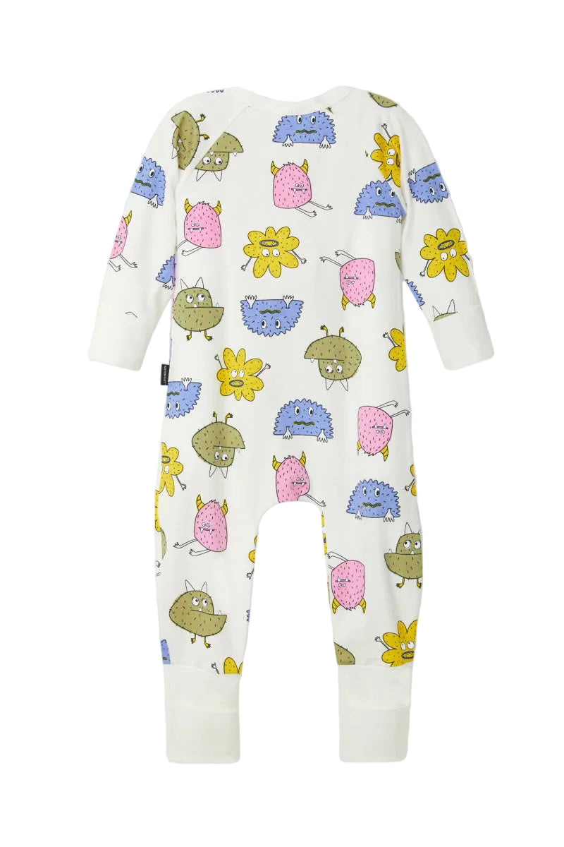Bonds Zip Wondersuit baby sleepsuit in Boo Buddy white colourful monster print. Back view.