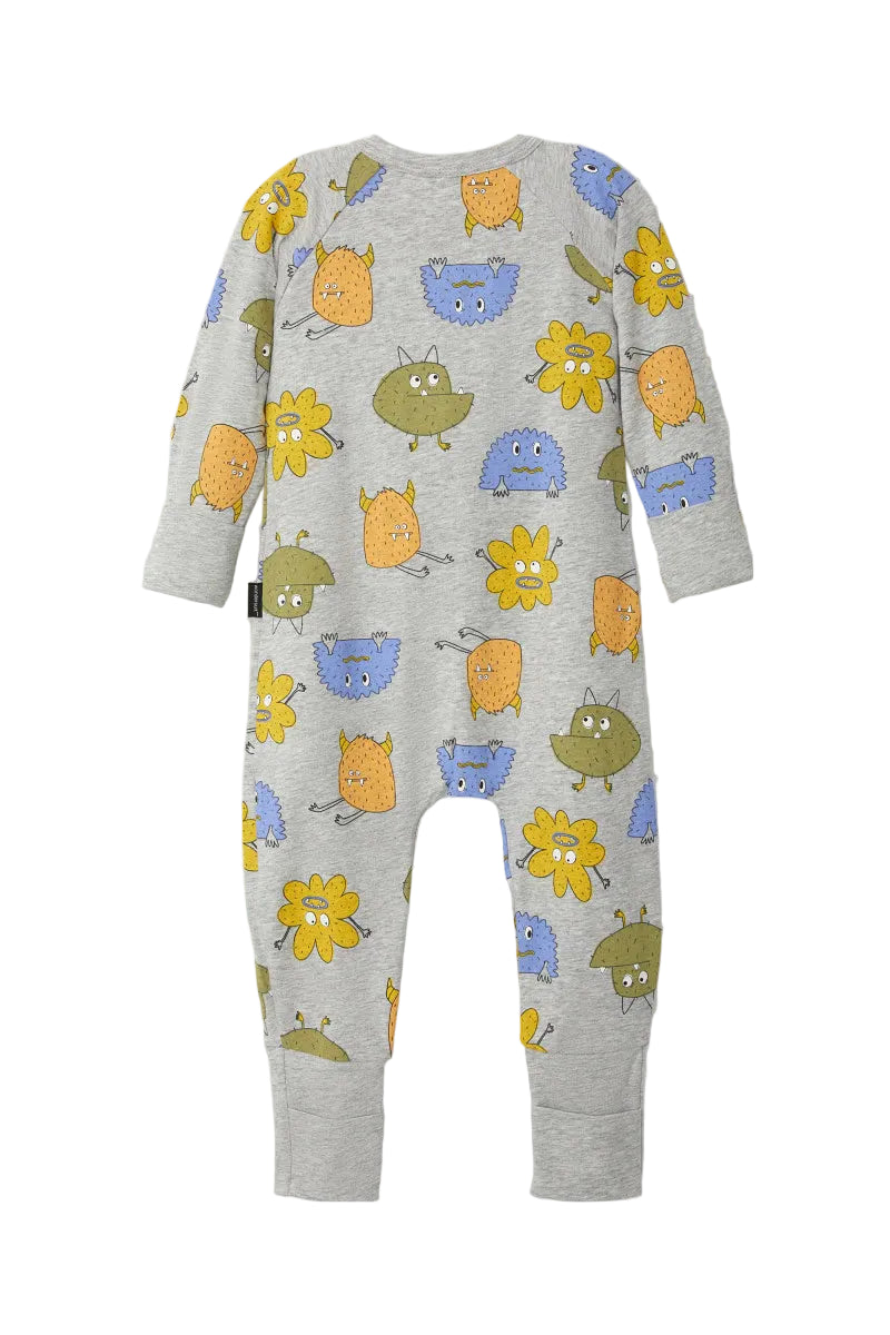 Bonds Zip Wondersuit baby sleepsuit in Boo Buddy Marle grey monster print. Back view.