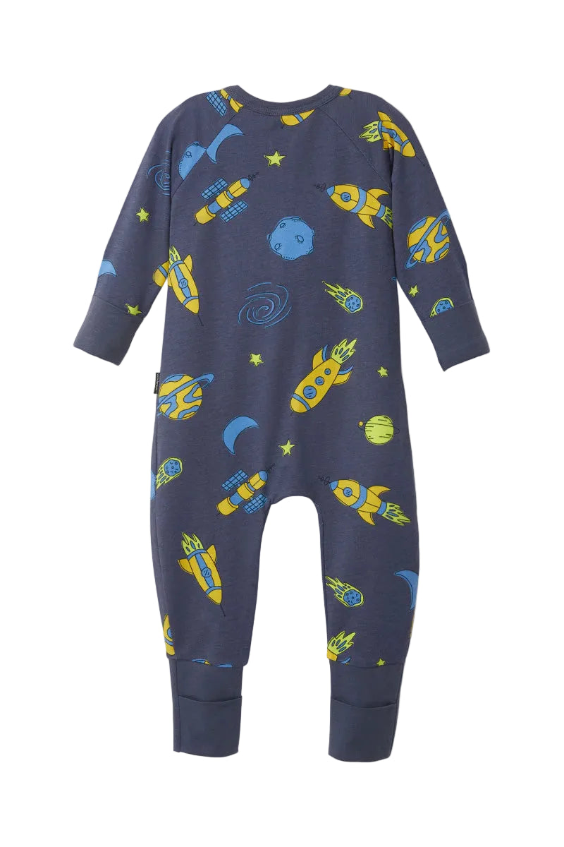 Bonds Zip Wondersuit baby sleepsuit in Out of This World navy outer space rocket print. Back view.