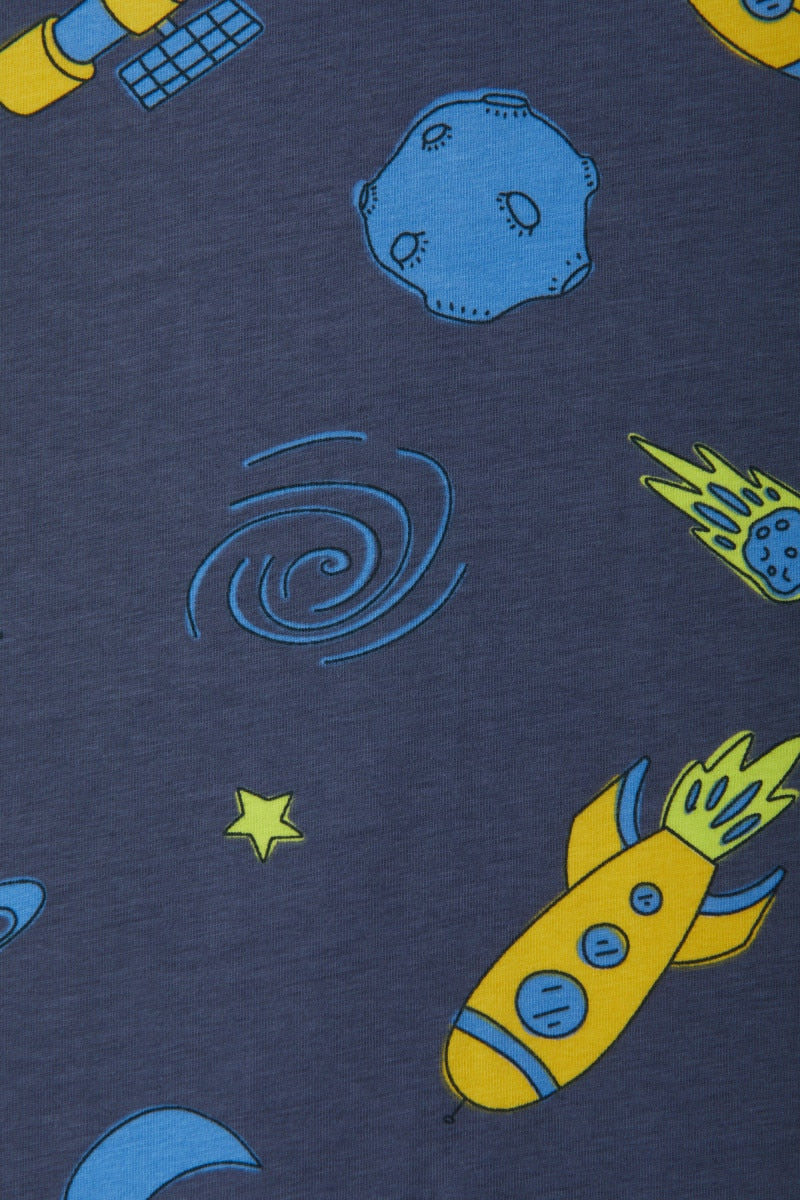 Bonds Zip Wondersuit baby sleepsuit in Out of This World navy outer space rocket print. Close up.
