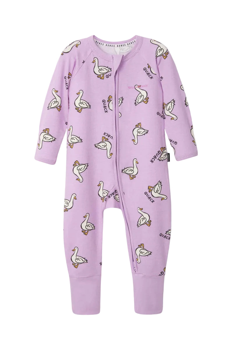 Bonds Zip Wondersuit baby sleepsuit in Quack Quack lilac duck animal print. Front view.