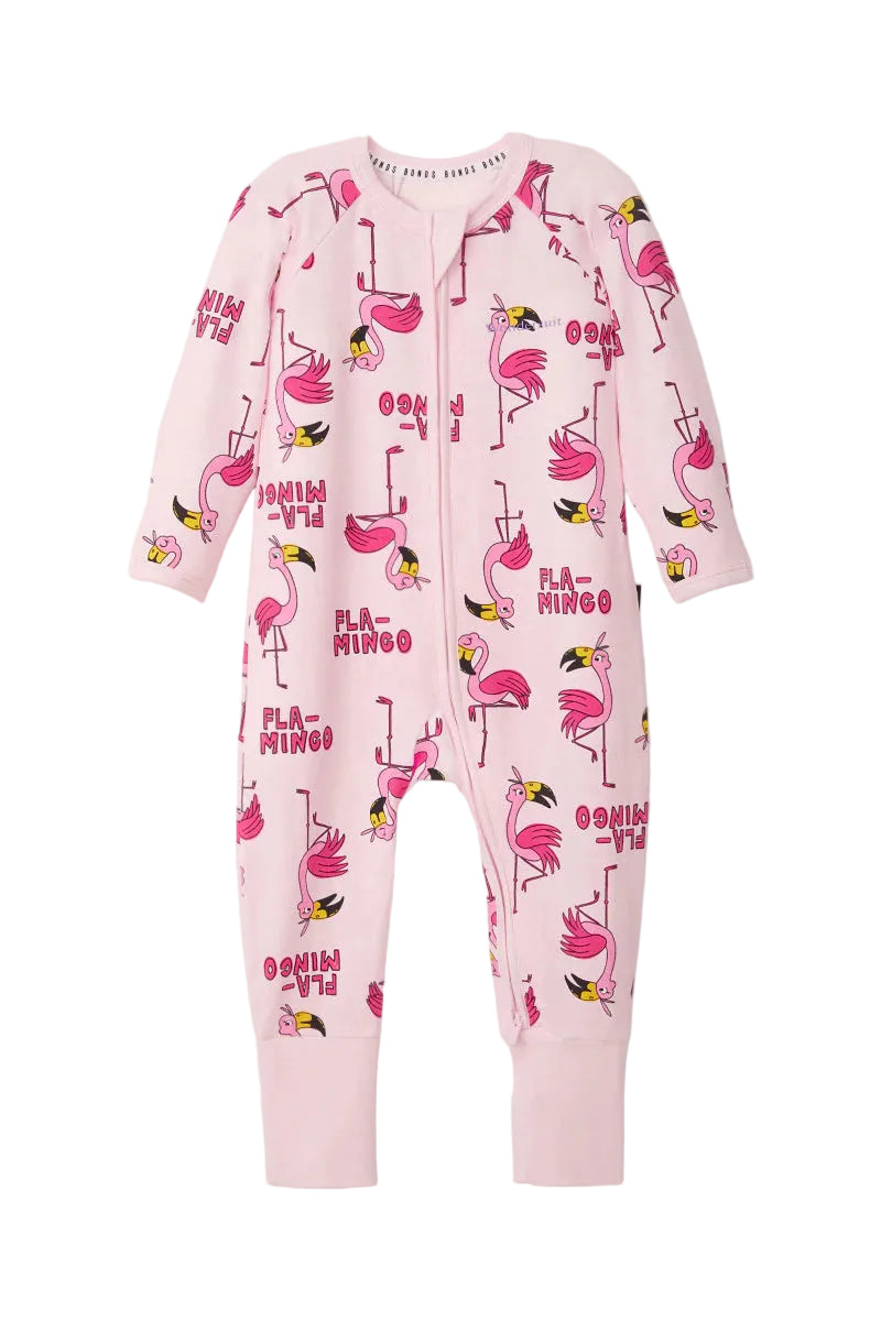 Bonds Zip Wondersuit baby sleepsuit in Frida Flamingo pink flamingo animal print. Front view.