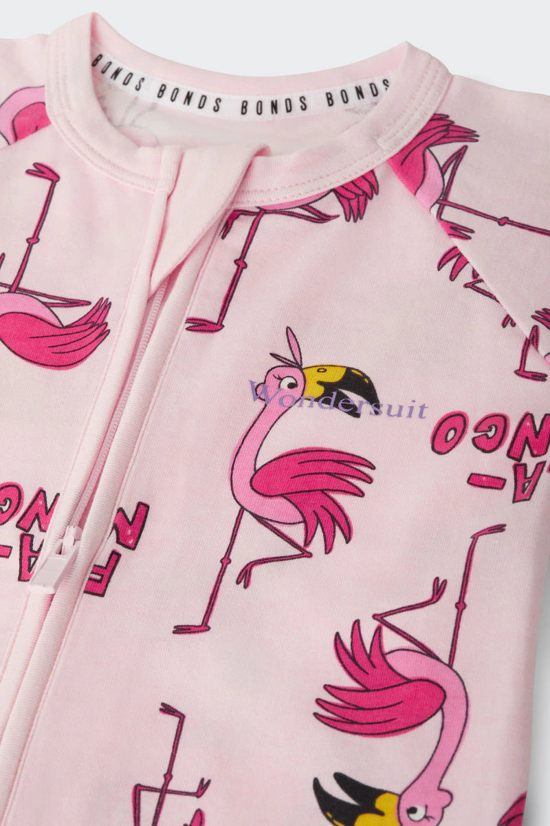 Bonds Zip Wondersuit baby sleepsuit in Frida Flamingo pink flamingo animal print. Close up two-way zip.