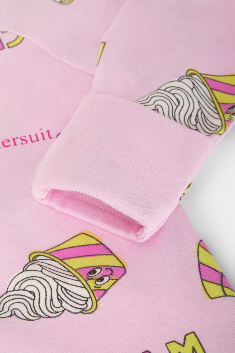 Bonds Zip Wondersuit baby sleepsuit in Sundae Swirls pink ice-cream print. Close up hand cuff.