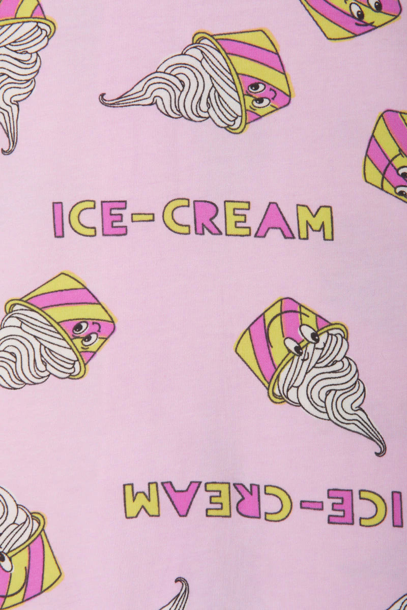 Bonds Zip Wondersuit baby sleepsuit in Sundae Swirls pink ice-cream print. Close up.