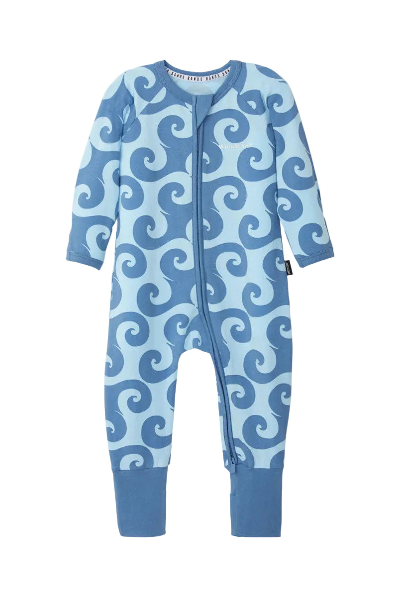 Bonds Zip Wondersuit baby sleepsuit in Wave Wonders blue wave swirl print. Front view.