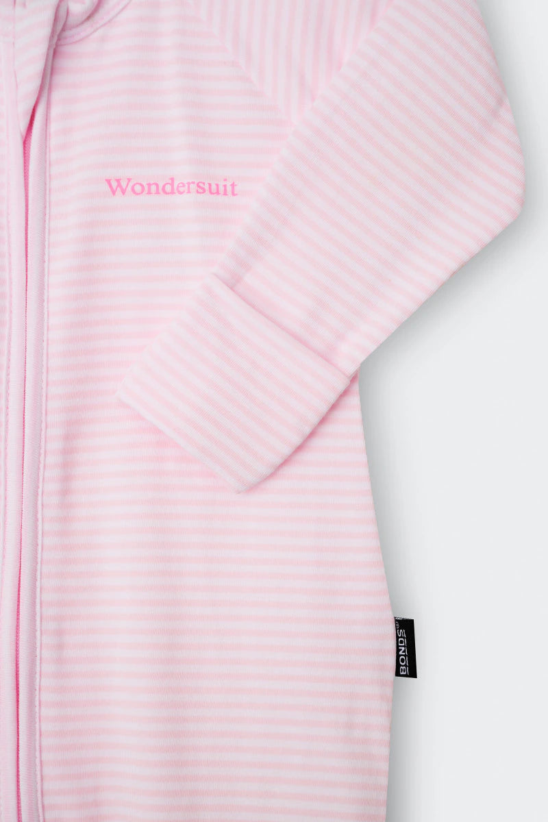 Bonds Zip Wondersuit baby sleepsuit in Ballet Pink and white stripe. Close up hand cuff.