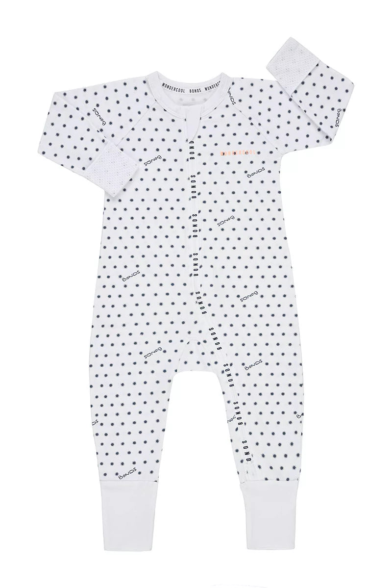 Bonds WonderCool Zip Wondersuit baby sleepsuit in Sunshine Baby black sun print. Front view.