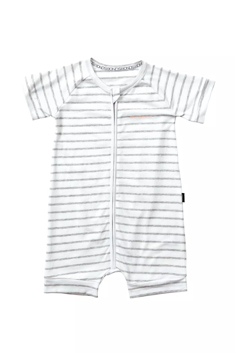 Bonds Zip Romper baby onesie in white and grey stripe