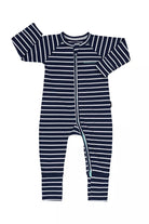 Bonds Zip Wondersuit baby sleepsuit in Black Sea blue and white stripe. Front view.