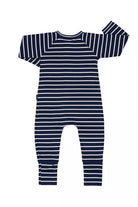Bonds Zip Wondersuit baby sleepsuit in Black Sea blue and white stripe. Back view.