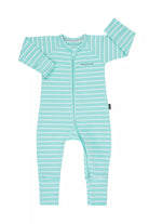 Bonds Zip Wondersuit baby sleepsuit in Jasmint teal and white stripe. Front view.