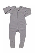 Bonds Zip Wondersuit baby sleepsuit in Absolute Steel black and white stripe. Front view.