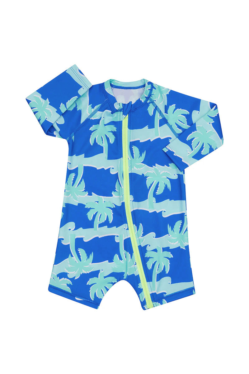 Long Sleeve Zip Swim Suit - Blue Palms