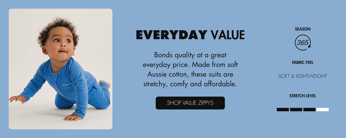 Everyday Value. Bonds quality at a great everyday price. Made from soft Aussie cotton, these suits are stretchy, comfy and affordable.