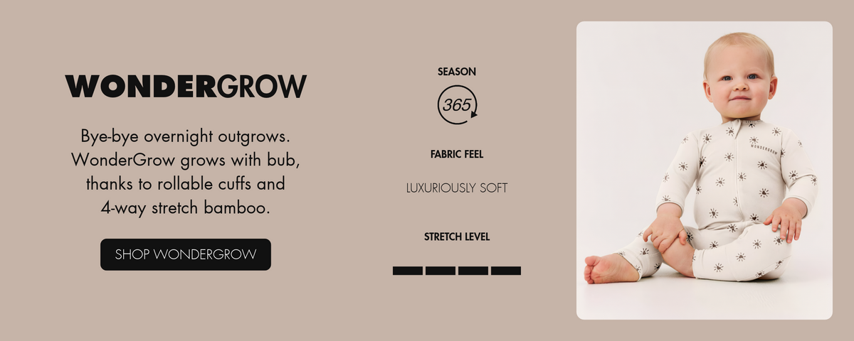 Bye-bye overnight outgrows. WonderGrow grows with bub, thanks to rollable cuffs and 4-way stretch bamboo.