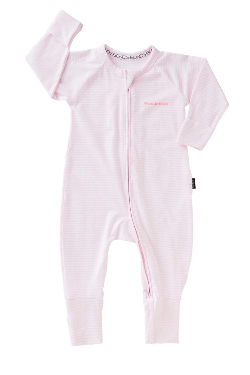 Bonds Zip Wondersuit baby sleepsuit in Ballet Pink and white stripe. Front view.