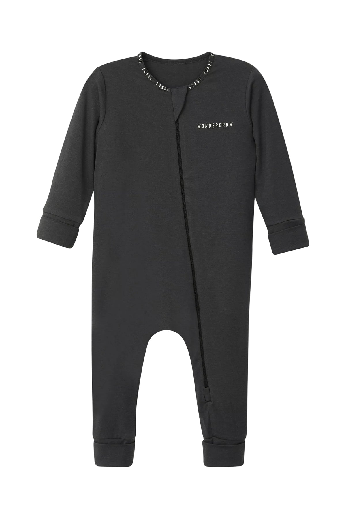 Bonds WonderGrow Zip Wondersuit bamboo baby sleepsuit in La Femme Nikita black. Front view.