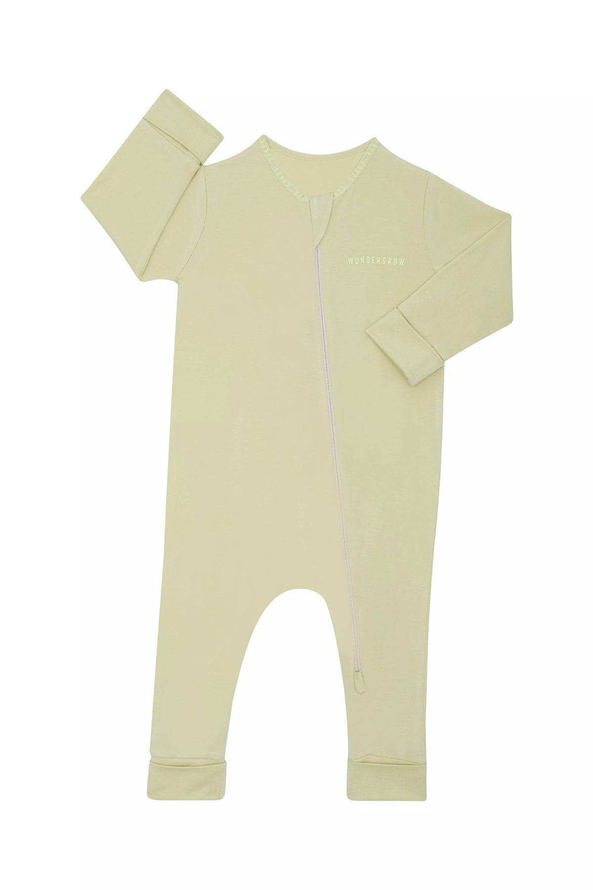 Bonds WonderGrow Zip Wondersuit bamboo baby sleepsuit in Maybe Matcha green. Front view.
