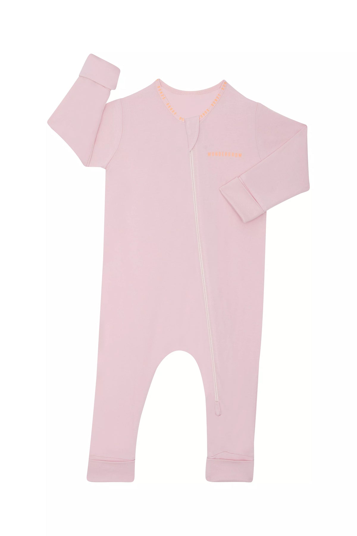 Bonds WonderGrow Zip Wondersuit bamboo baby sleepsuit in Sugarbabe pink. Front view.